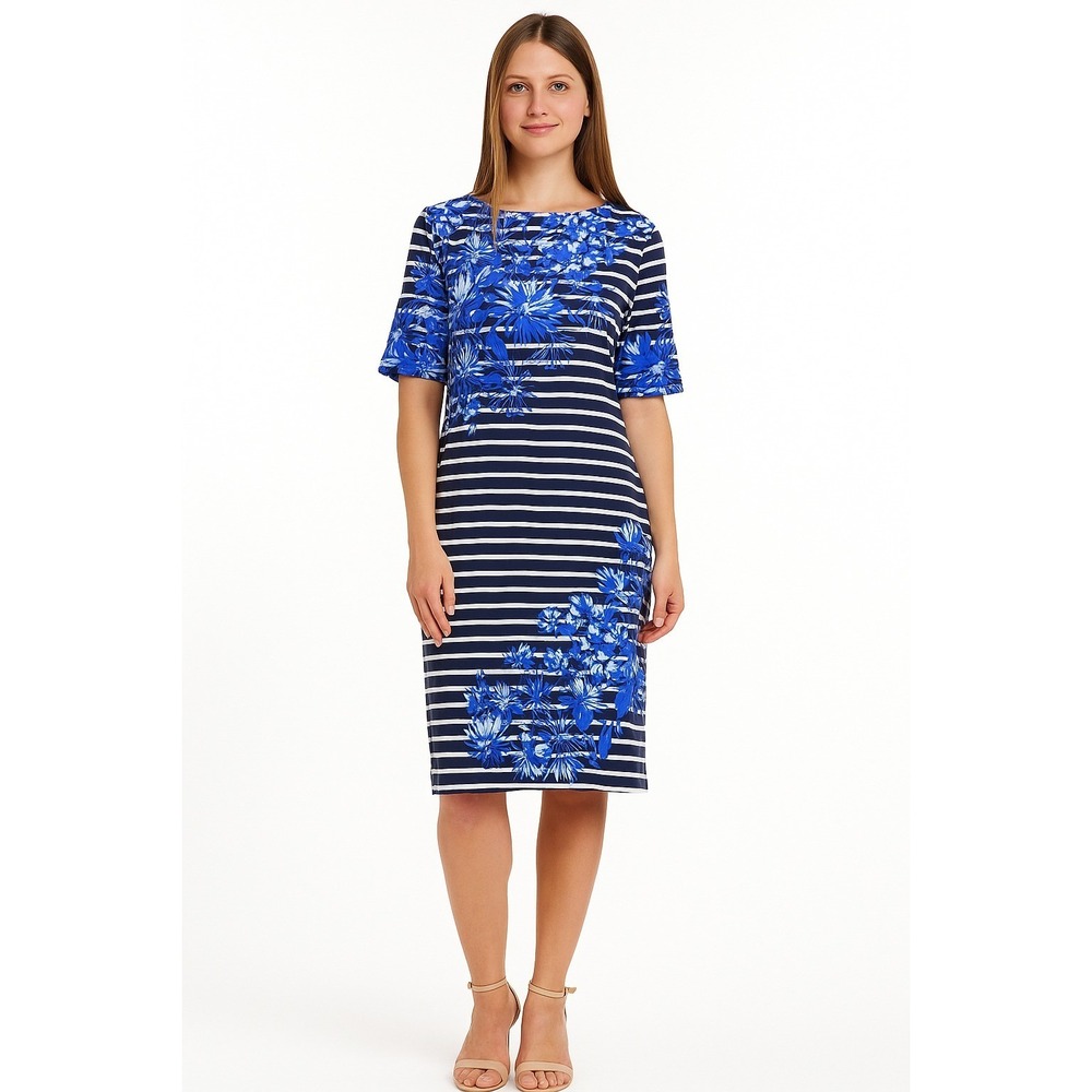 Karen Scott Petite Elbow Sleeve Floral Dress Knee Length Size PXL Intrepid Blue